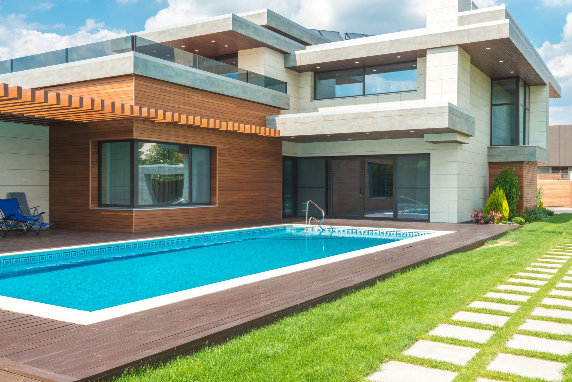Contemporary custom home with pool and landscaped garden